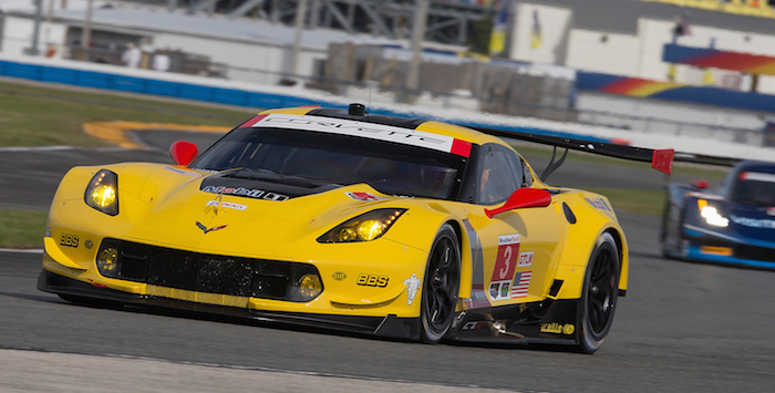 The #3 Chevrolet Corvette C7.R, driven by Antonio Garcia, Jan Magnussen, and Mike Rockenfeller, practices in the Roar Before the 24 Test weekend Friday, January 8, 2016. It's a prelude to the 54th Rolex 24 at Daytona and the start of the IMSA WeatherTech SportsCar Championship at the end of January. (Photo by Richard Prince for Chevrolet).