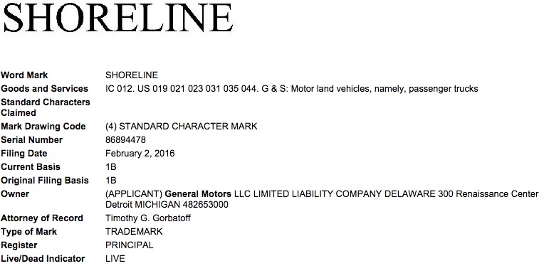 General Motors Shoreline USPTO Trademark Application