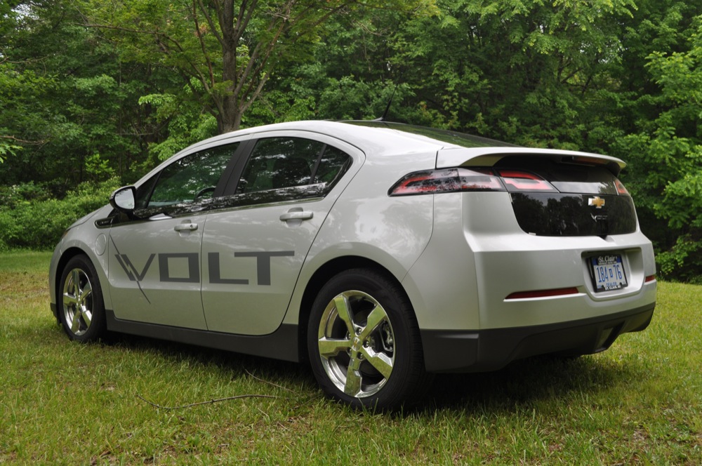 Rear three quarters view of the 2013 Chevy Volt.