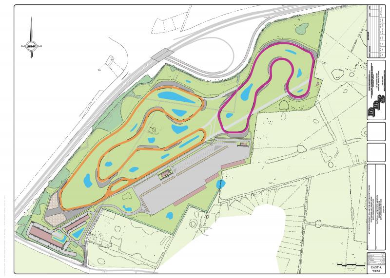 Track map showing East & West Courses. East Course is made up of 1.1 miles, 9 turns, 1150' straight. West Course is made up of 2.0 miles, 11 turns, 1950' straight.