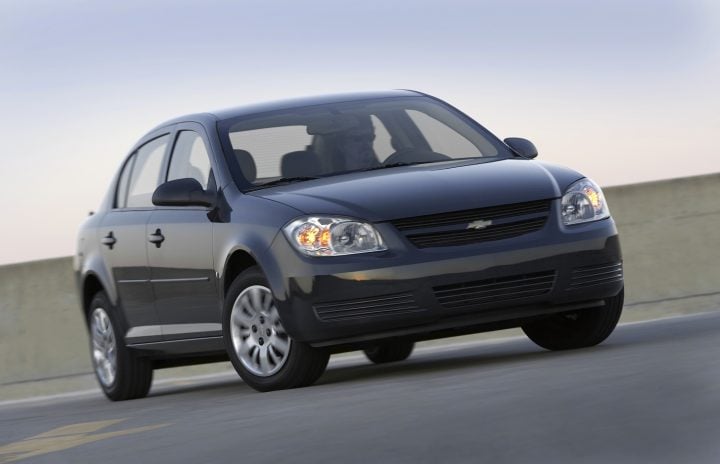 Front three quarters view of the 2010 Chevy Cobalt. 