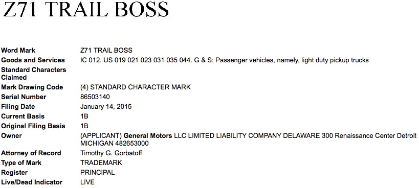 GM's USPTO trademark filing for "Z71 Trail Boss"