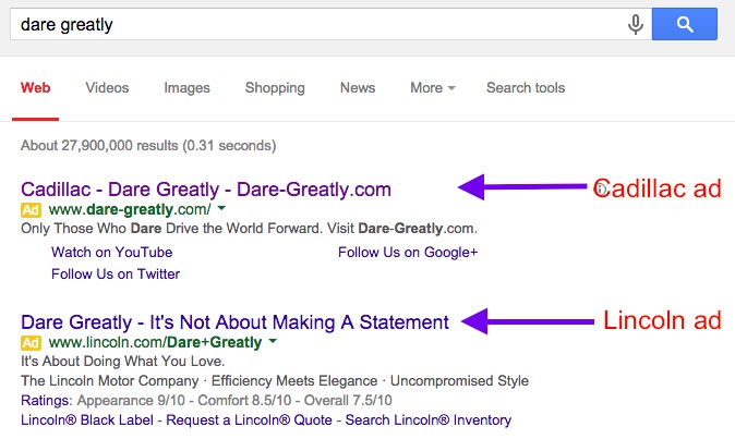 Google search results for "Dare Greatly" on February 25, 2015