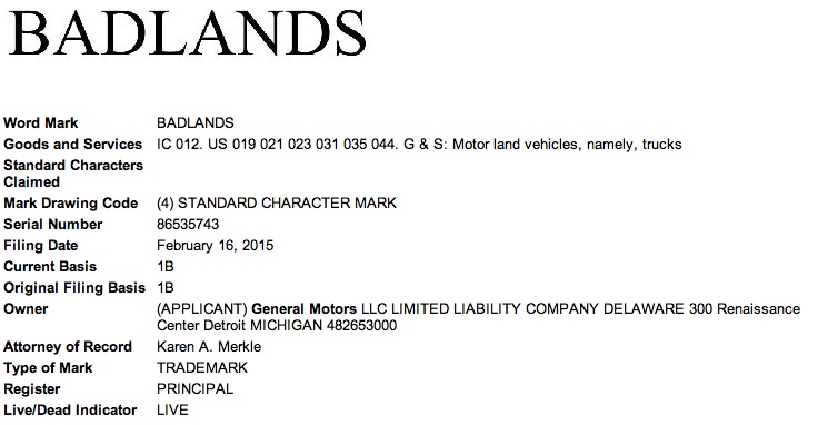 GM Badlands Trademark Application USPTO