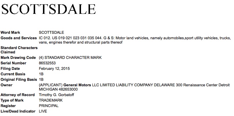 GM Scottsdale trademark filing USPTO