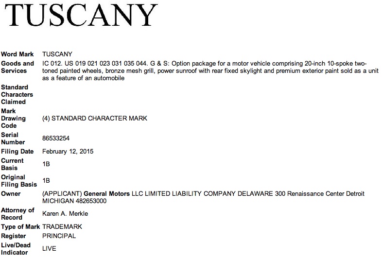 GM Tuscany Trademark Application USPTO