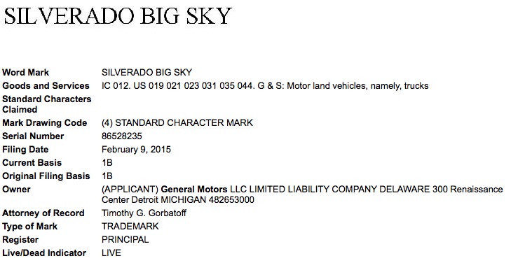 General Motors Chevrolet Silverado Big Sky USPTO Trademark Application