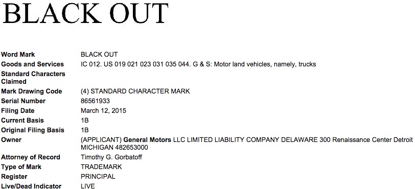 General Motors Black Out USPTO Trademark Application