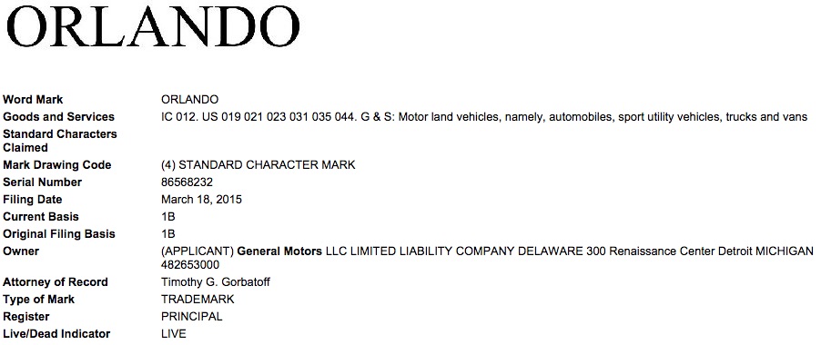 General Motors Orlando trademark filing