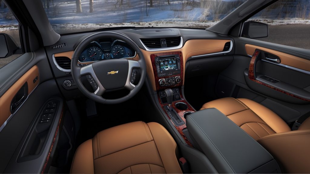 An interior view of the 2015 Chevy Traverse from the driver's seat perspective.
