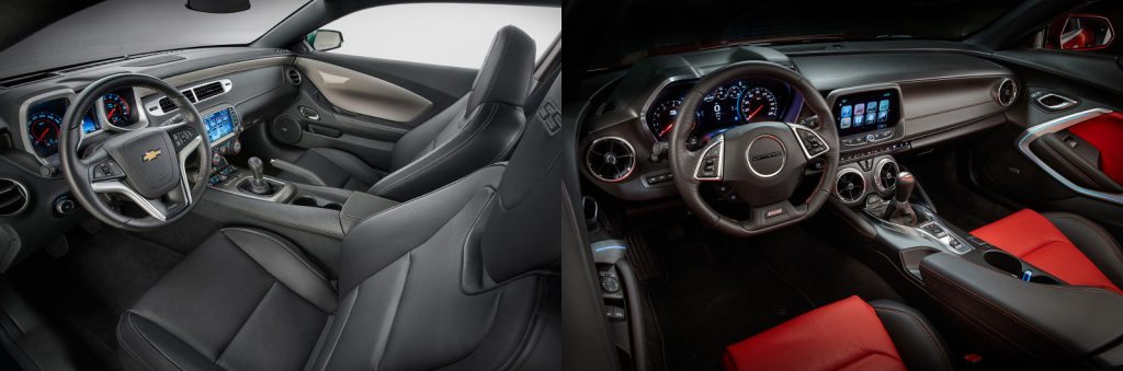 In broad strokes, the interior of the 2016 Chevy Camaro (right) remains essentially similar to that of the outgoing car (left).