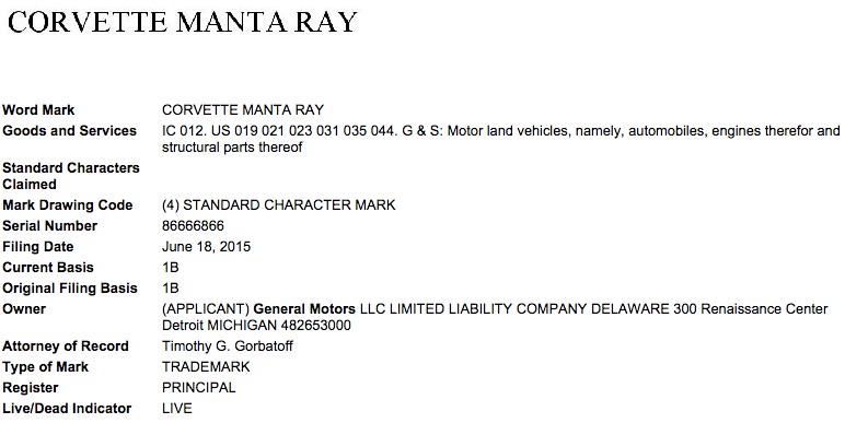 Corvette Manta Ray Trademark Application USPTO