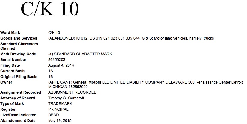 General Motors C:K 10 Trademark Application USPTO