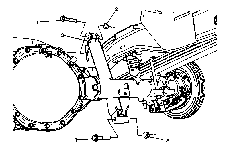 Illustration showing the inboard location on "K" model Chevy Avalanche trucks and the locations of the mounting bolts and nuts. 