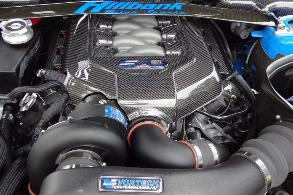 Vortech's V3 Si supercharger in a Mustang. This image illustrates how easy it is to install this supercharger in just about anything. 