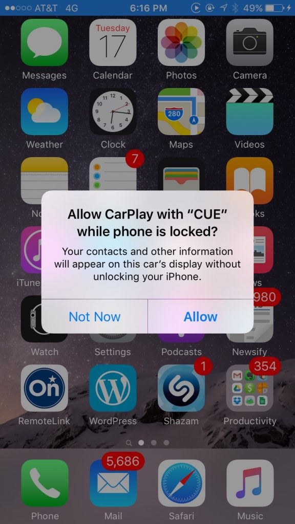 Apple CarPlay on 2016 Cadillac CTS - iPhone screen upon connecting