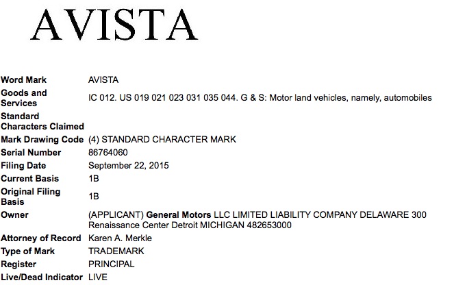 General Motors Avista Trademark Application