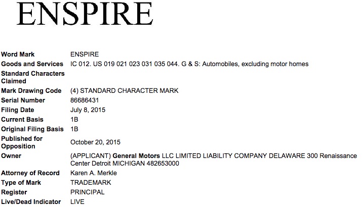 General Motors - Enspire Trademark - USPTO - October 2015
