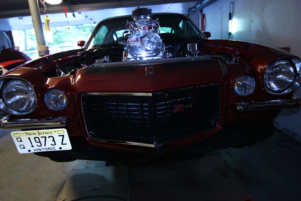 The front view proudly displays the nose of the engine of Mike's incredible 73 Camaro RS/Z28