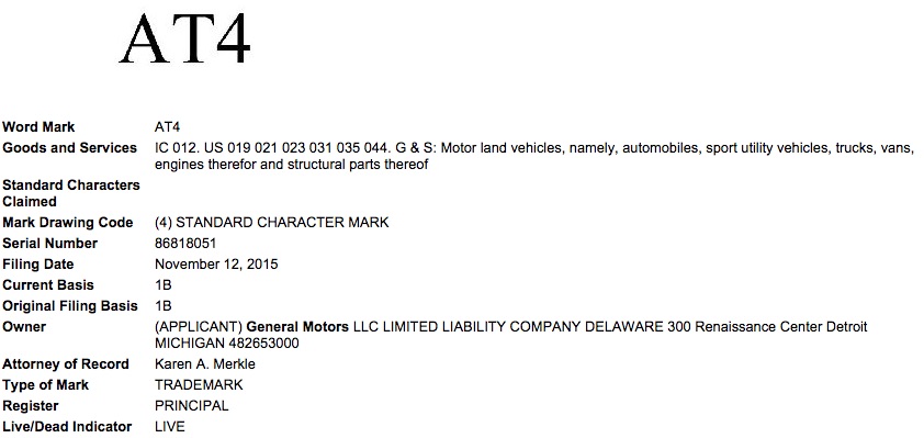 General Motors AT4 Trademark Filing USPOT