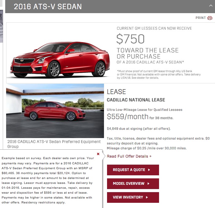2016 Cadillac ATS-V Sedan Lease Offer
