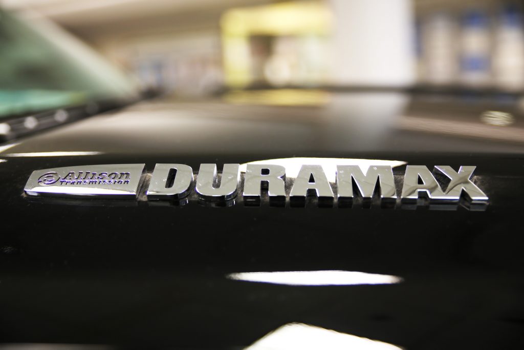 Duramax badge on a heavy-duty GM pickup truck.