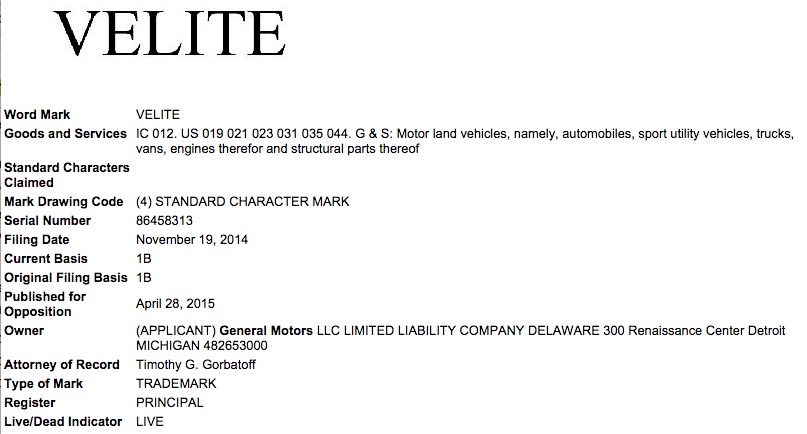 General Motors GM Velite Trademark application USPTO