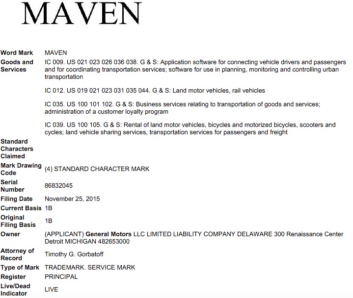 General Motors Maven Trademark Application USPTO