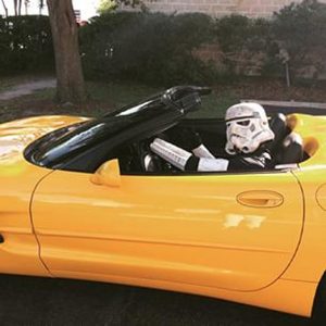 Storm Trooper In Chevrolet Corvette convertible