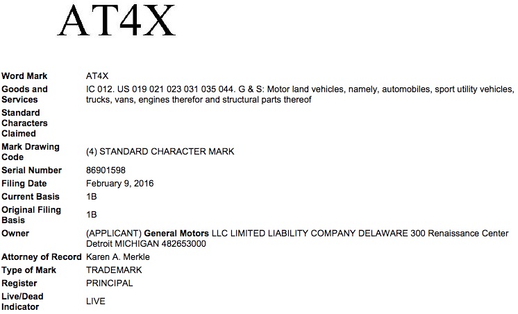 General Motors AT4X Trademark Application