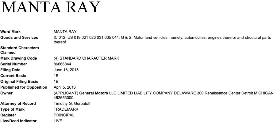 General Motors Manta Ray Trademark Application - March 2016