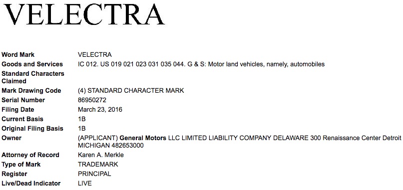 General Motors Velectra Trademark Application USPTO