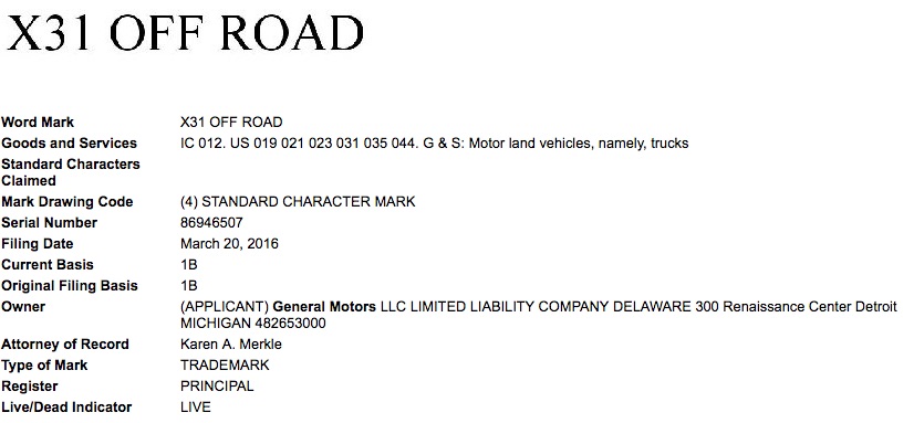 General Motors X31 Off Road USPTO Trademark Filing