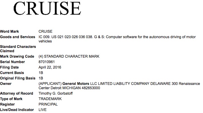 General Motors Cruise trademark application USPTO