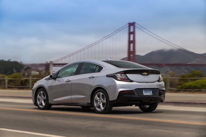 2016 Chevy Volt driving by the Golden Gate Bridge.