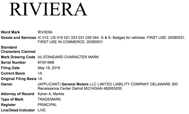 General Motors Riviera Trademark Application USPTO