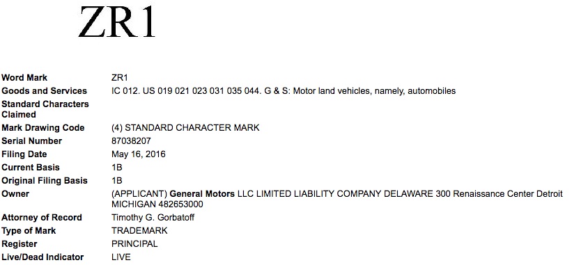 General Motors ZR1 Trademark Application USPTO