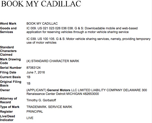 Book My Cadillac Trademark Application USPTO