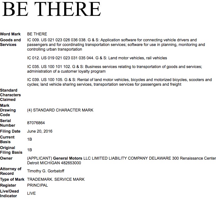 General Motors Be There trademark application USPTO