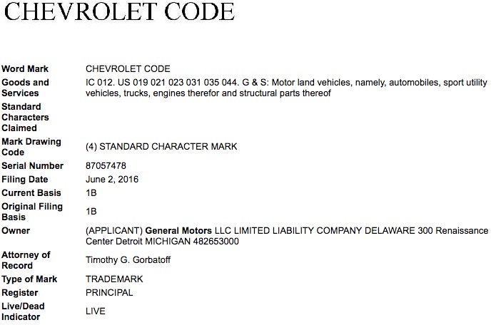 General Motors GM Chevrolet Code Trademark Application USPTO