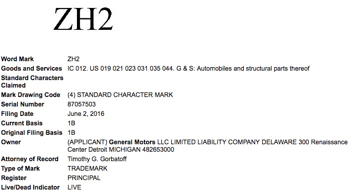 General Motors GM ZH2 Trademark Application USPTO