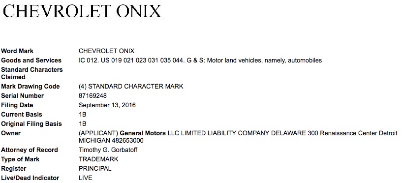 GM Chevrolet Onix Trademark Application USPTO