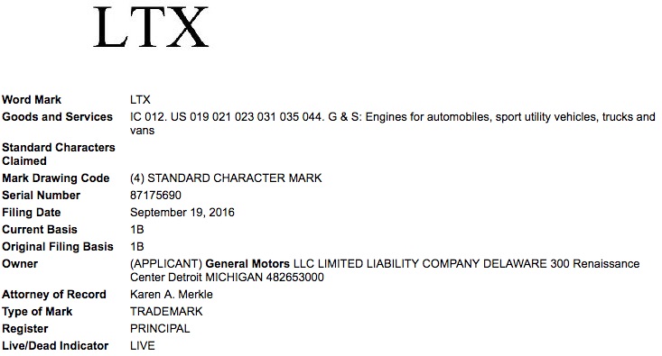General Motors LTX Trademark Application USPTO September 2016