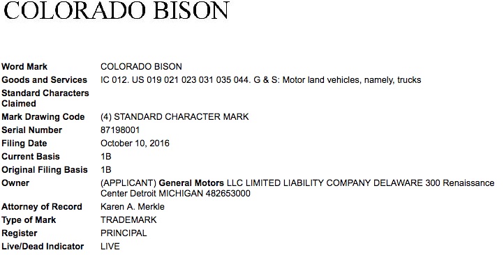 GM General Motors Colorado Bison Trademark Application