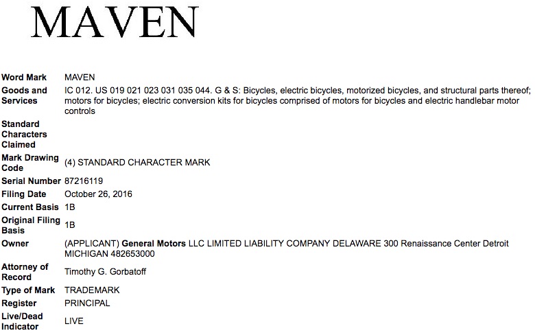 General Motors Maven Bike Trademark