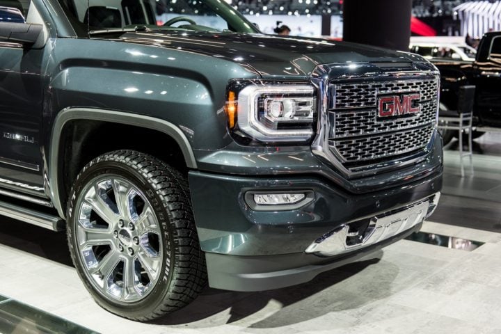 The front end of the GMC Sierra pickup truck.