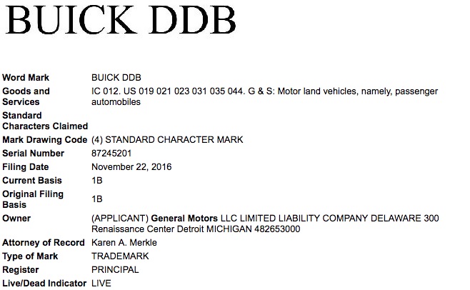 General Motors Buick DDB Trademark Filing