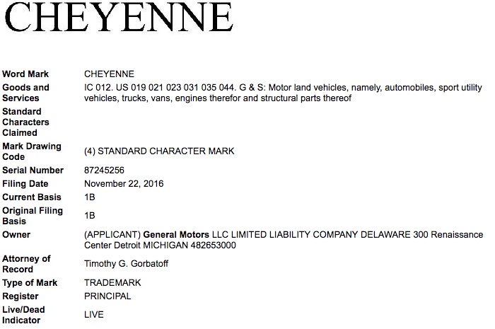 General Motors Cheyenne Trademark Filing