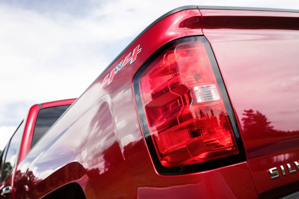 The taillight of the Chevy Silverado, one the vehicles named in the class action lawsuit.
