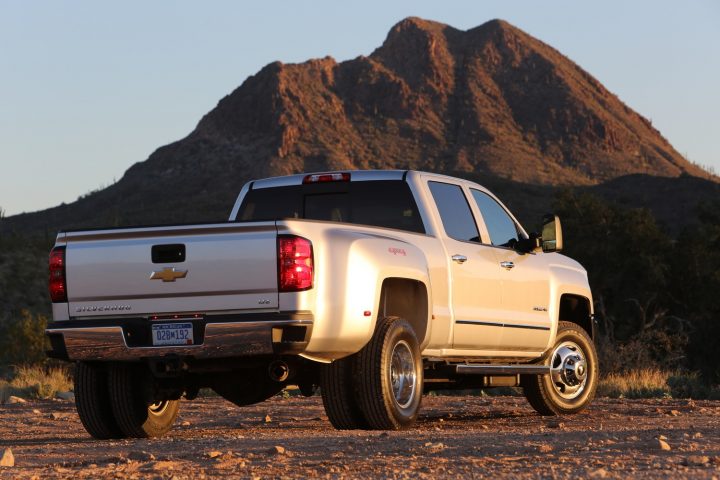 Chevy Silverado 3500HD rear three quarter angle.